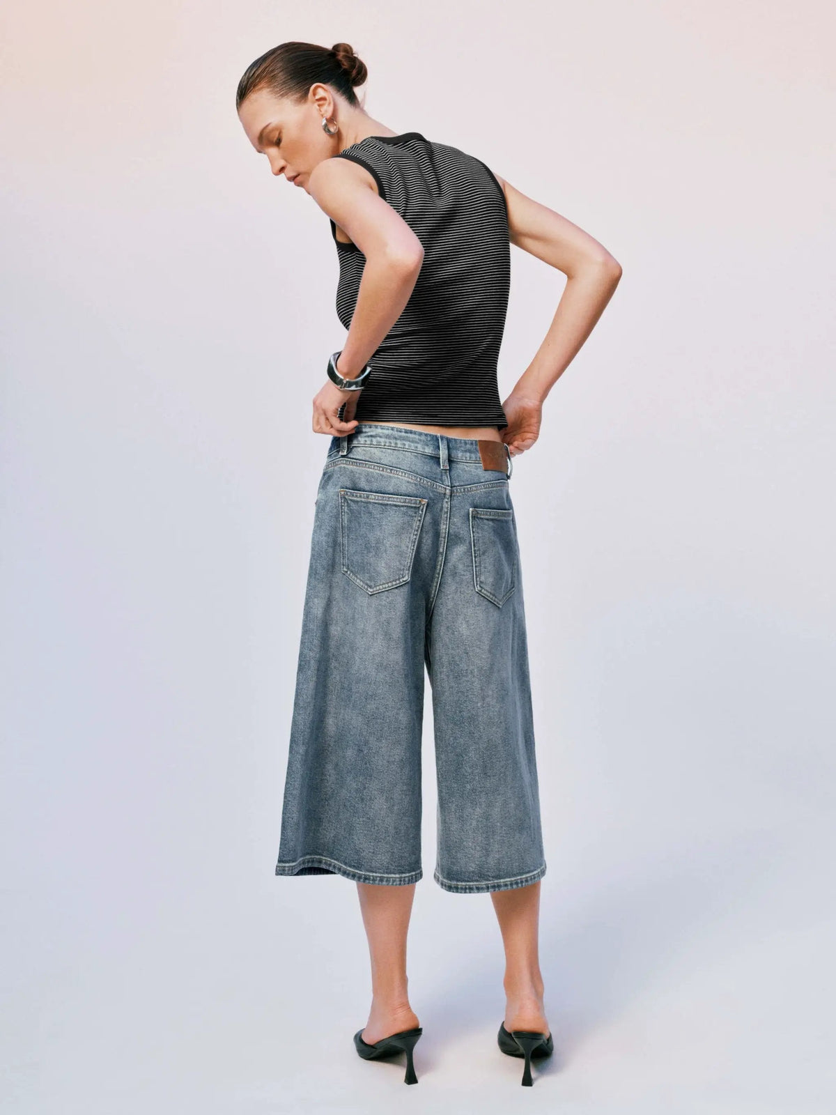 Washed Vintage Loose Fit Cotton Wide Leg Capri Denim Jeans