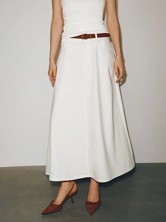 High Waist Belted Pocket A-Line Cotton Denim Midi Skirt
