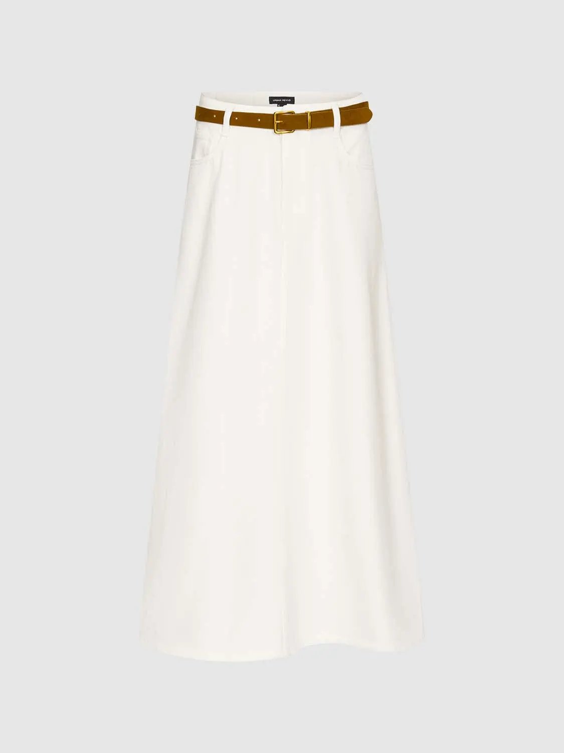 High Waist Belted Pocket A-Line Cotton Denim Midi Skirt