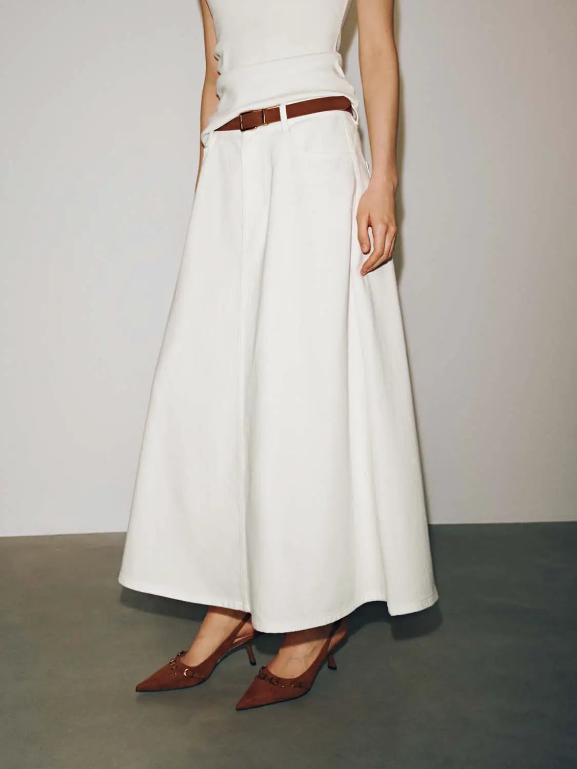 High Waist Belted Pocket A-Line Cotton Denim Midi Skirt