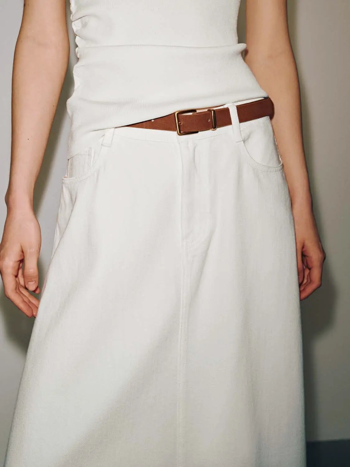 High Waist Belted Pocket A-Line Cotton Denim Midi Skirt