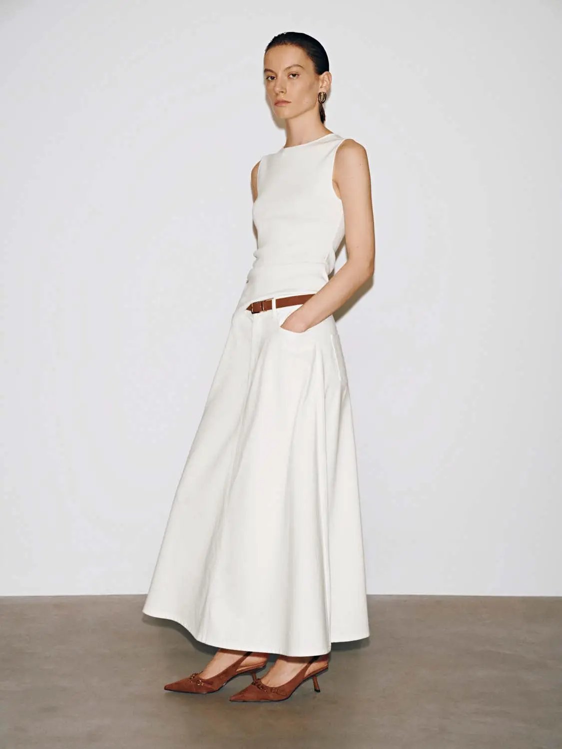 High Waist Belted Pocket A-Line Cotton Denim Midi Skirt