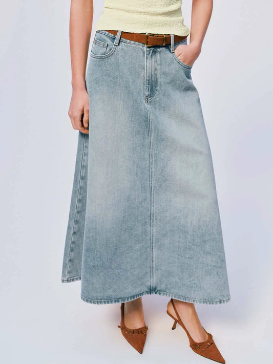 Mid Rise Side Slit Belted Light Wash Cotton Denim Midi Skirt