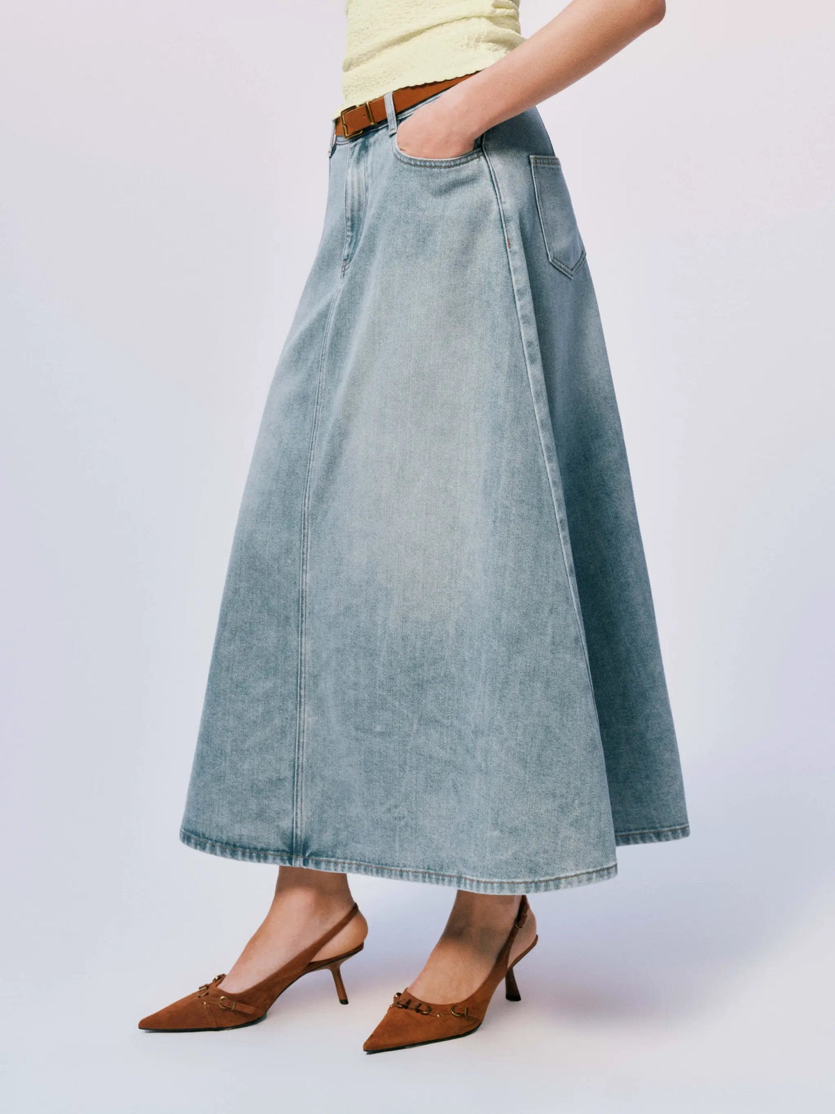Mid Rise Side Slit Belted Light Wash Cotton Denim Midi Skirt