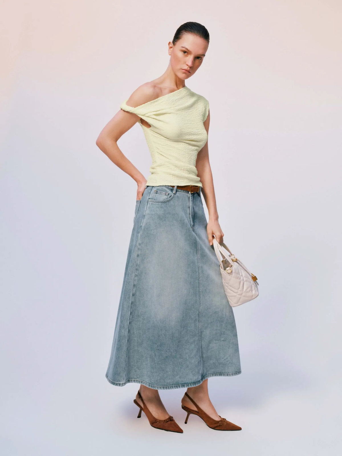 Mid Rise Side Slit Belted Light Wash Cotton Denim Midi Skirt