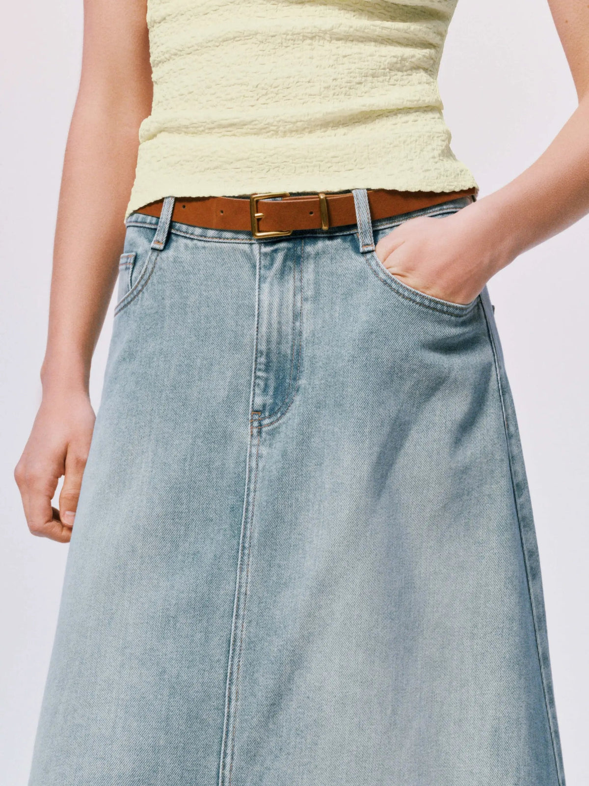 Mid Rise Side Slit Belted Light Wash Cotton Denim Midi Skirt