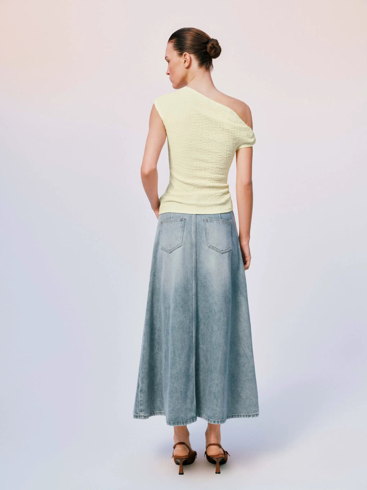 Mid Rise Side Slit Belted Light Wash Cotton Denim Midi Skirt