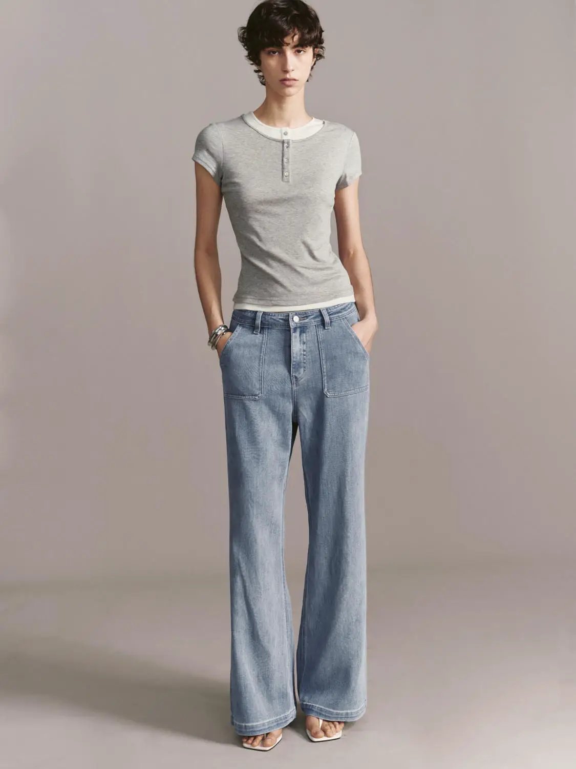 High Waist Patch Pocket Washed Denim Wide Leg Jeans