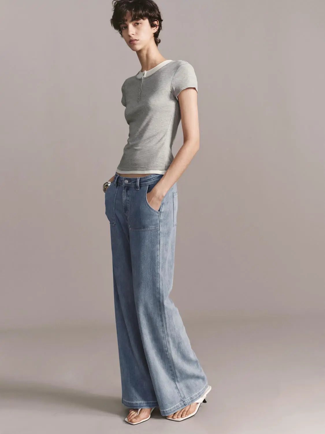 High Waist Patch Pocket Washed Denim Wide Leg Jeans