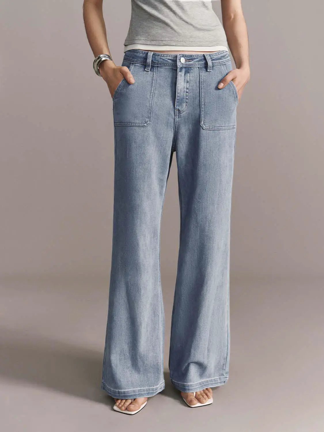 High Waist Patch Pocket Washed Denim Wide Leg Jeans