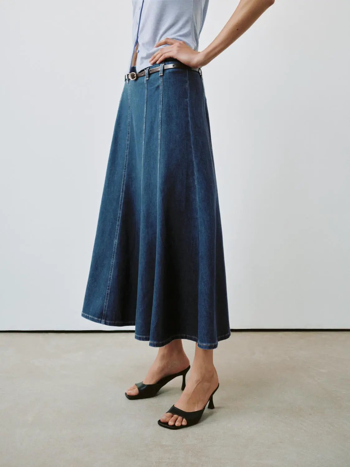 Paneled A-Line Denim Maxi Belted Stretch Skirt