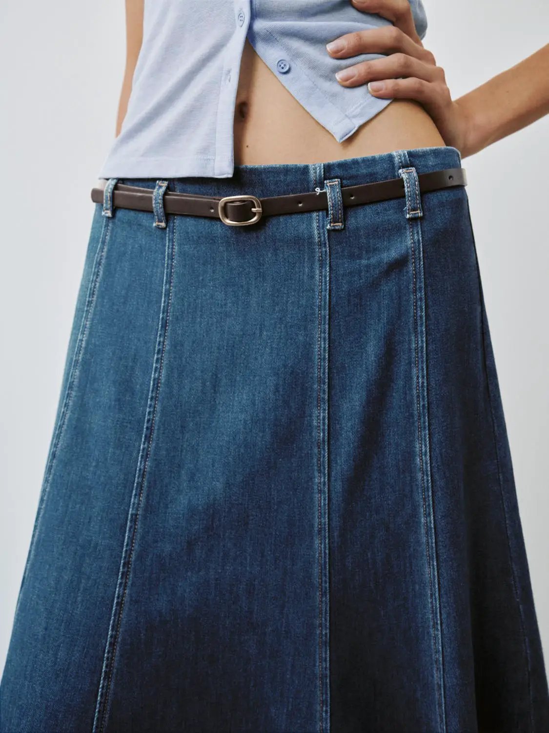 Paneled A-Line Denim Maxi Belted Stretch Skirt