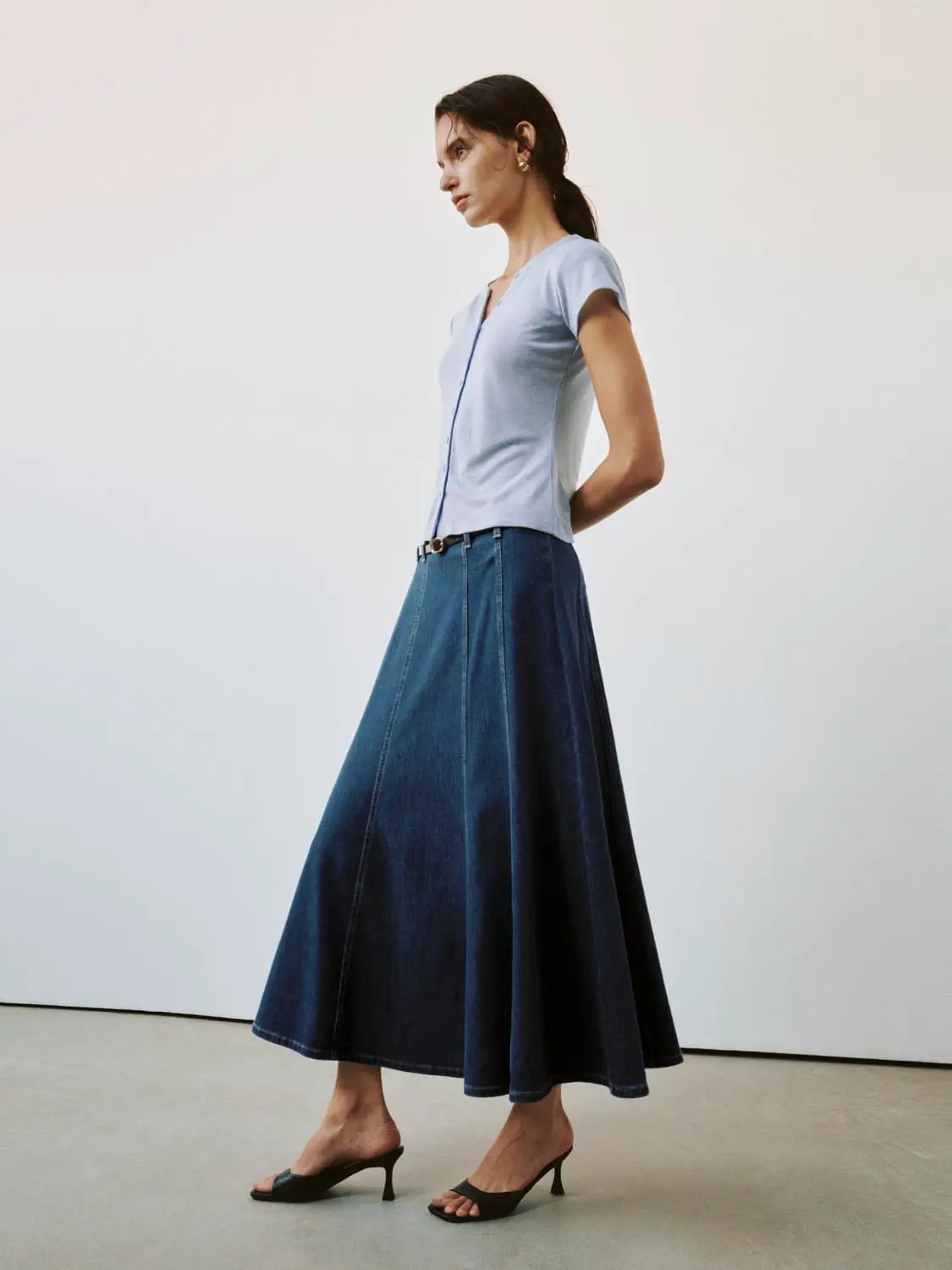 Paneled A-Line Denim Maxi Belted Stretch Skirt