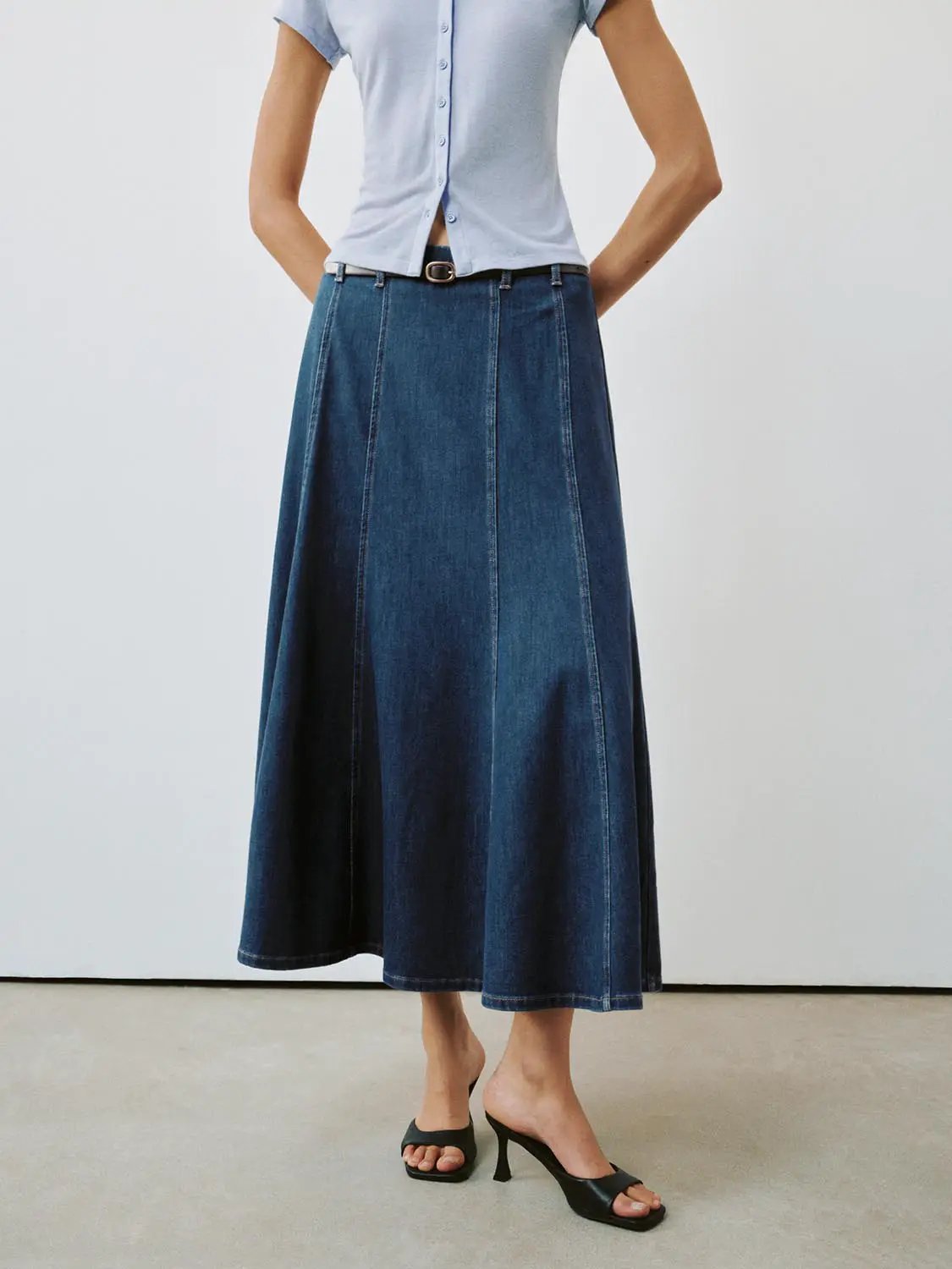 Paneled A-Line Denim Maxi Belted Stretch Skirt