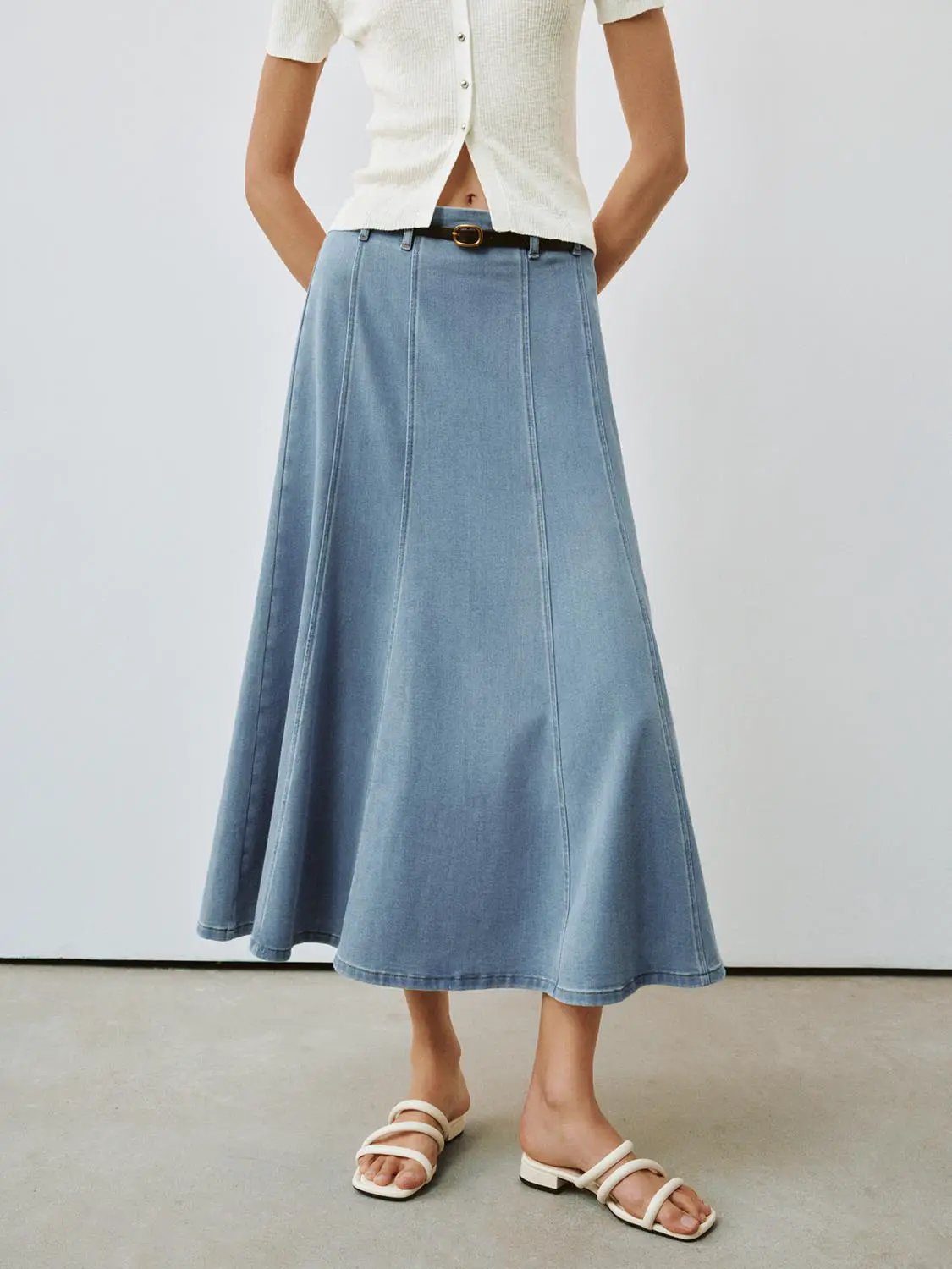 High Waist Paneled Belted Washed Denim A-Line Midi Skirt