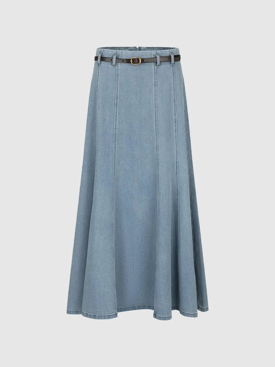 High Waist Paneled Belted Washed Denim A-Line Midi Skirt