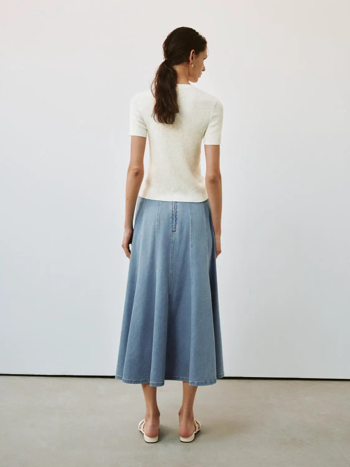 High Waist Paneled Belted Washed Denim A-Line Midi Skirt