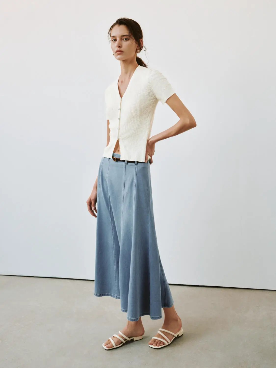 High Waist Paneled Belted Washed Denim A-Line Midi Skirt