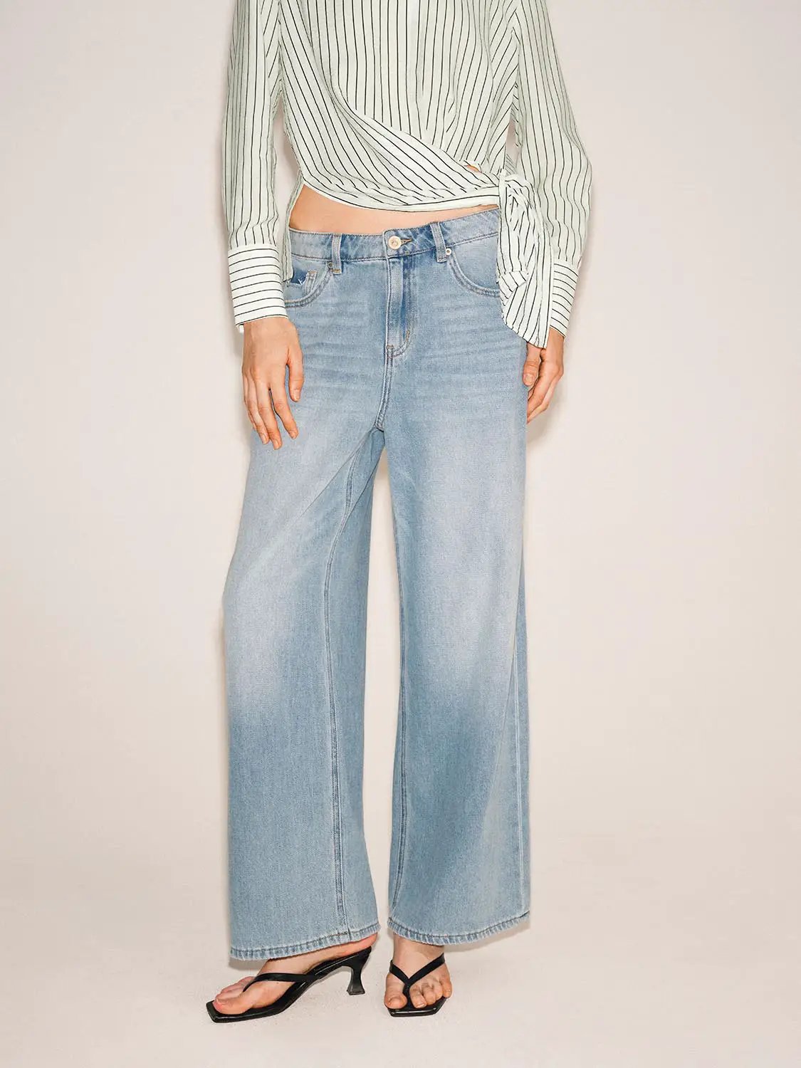 Mid-waisted Stretch Denim Wide-leg Pants