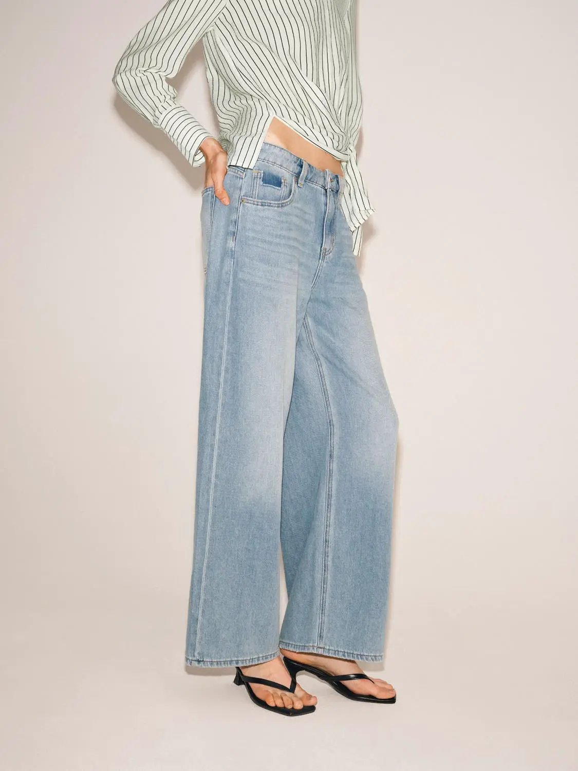 Mid-waisted Stretch Denim Wide-leg Pants
