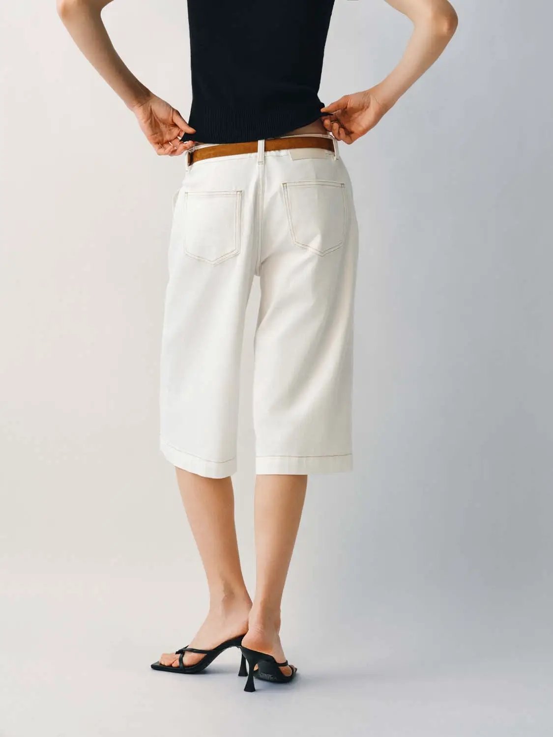 Decorative Belt Seam Details Cotton Jeans