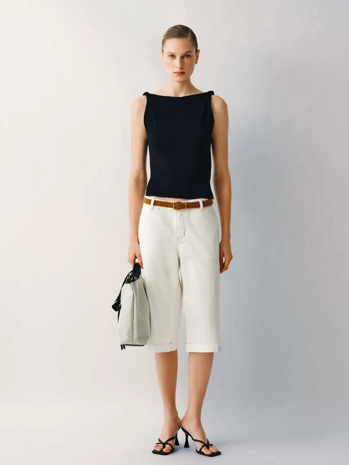 Decorative Belt Seam Details Cotton Jeans