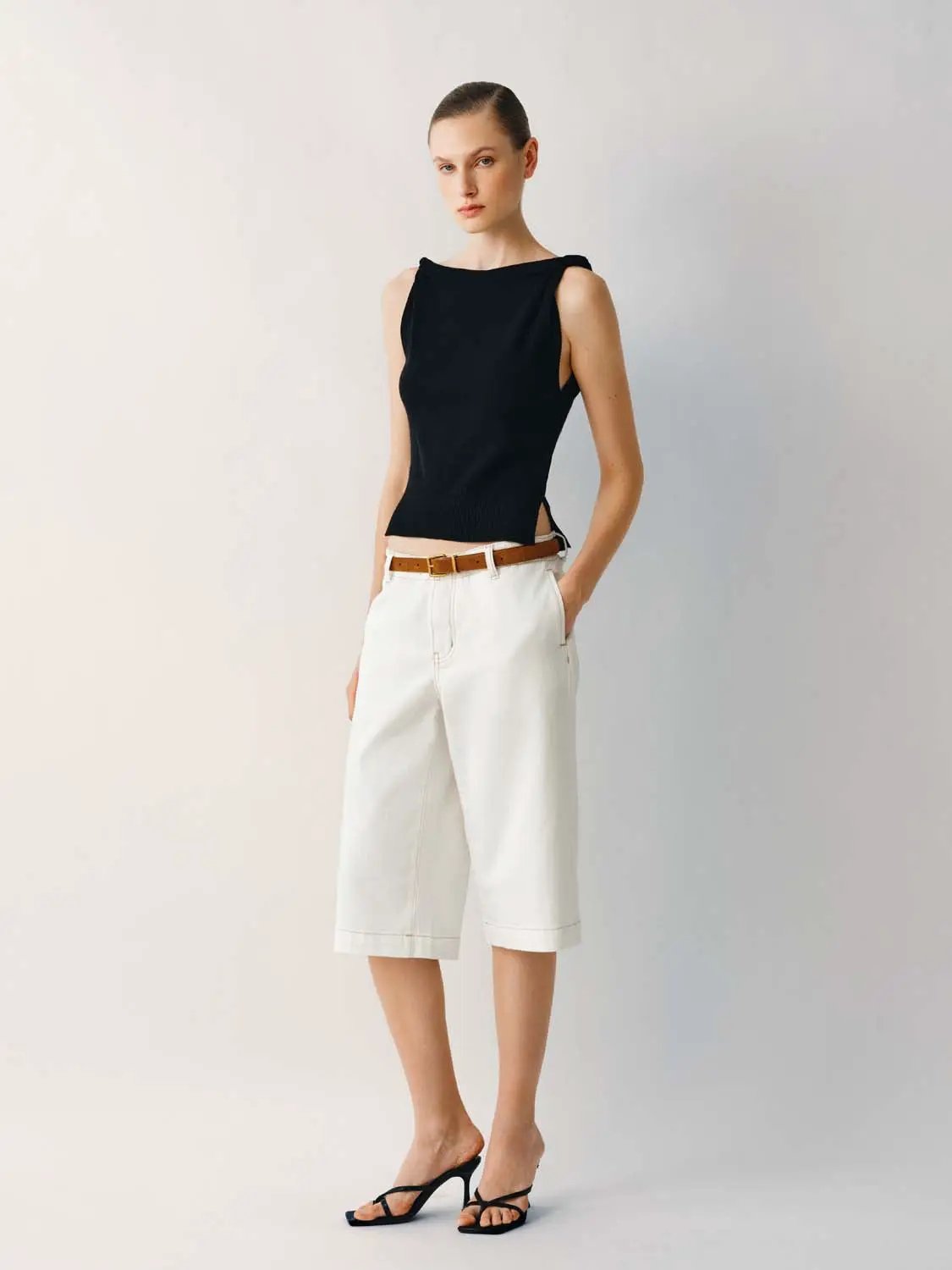 Decorative Belt Seam Details Cotton Jeans