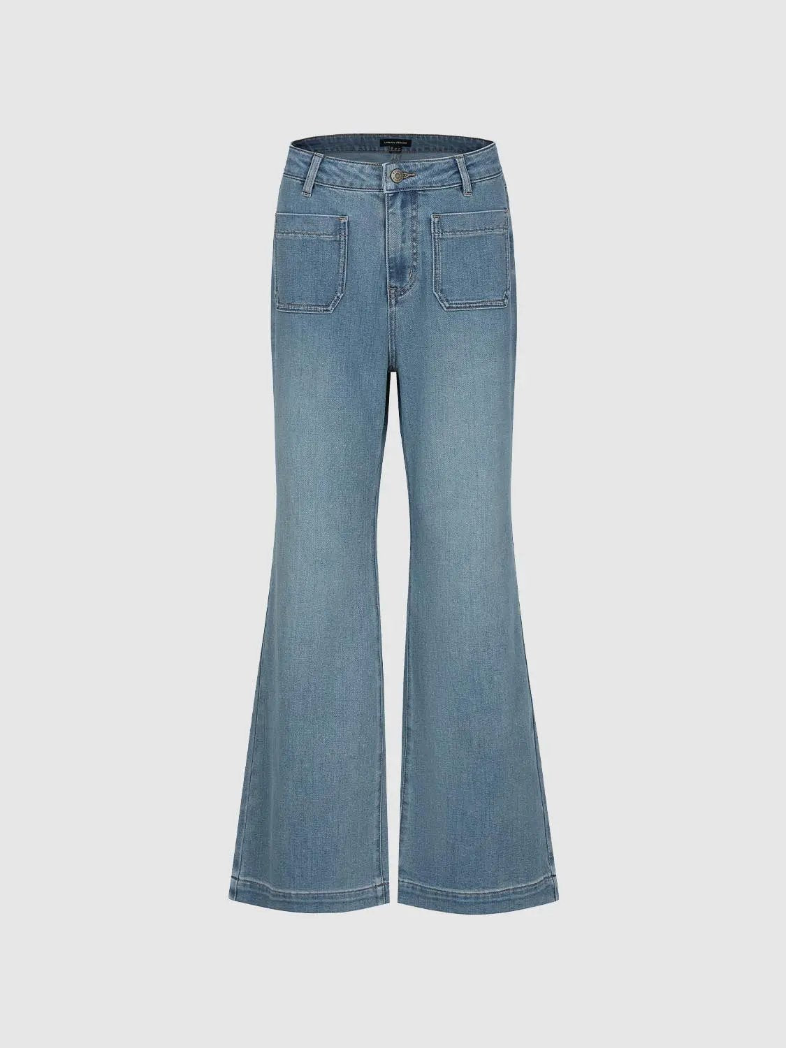 Vintage Style Patch Pocket Wide-leg Jeans