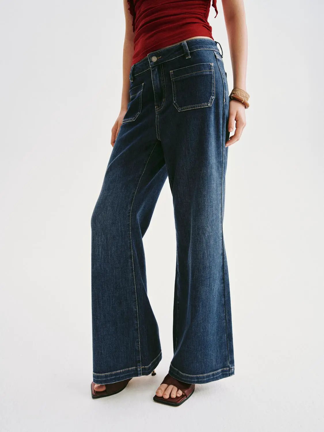 High-waisted Patch Pockets Wide-leg Jeans