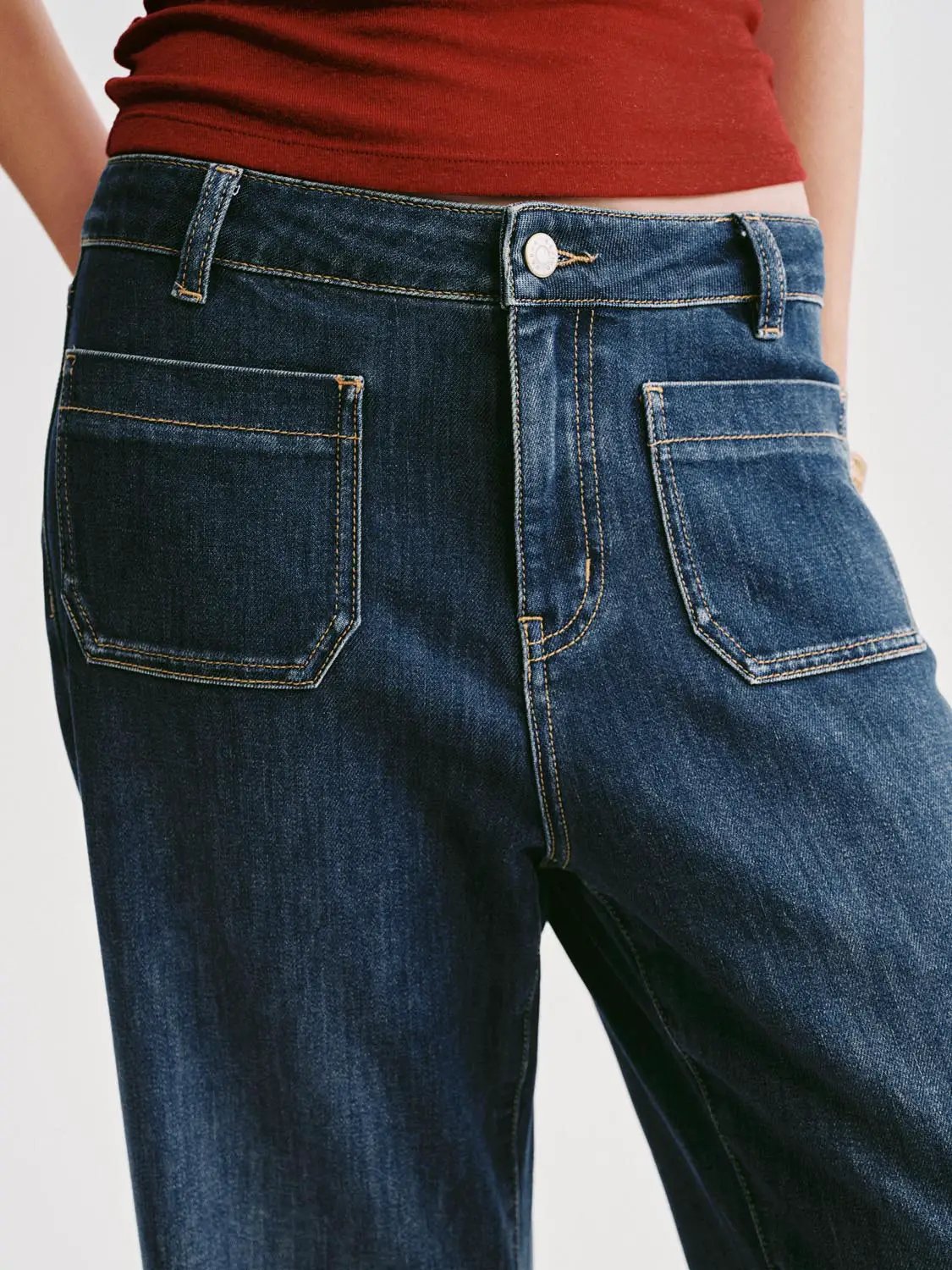 High-waisted Patch Pockets Wide-leg Jeans