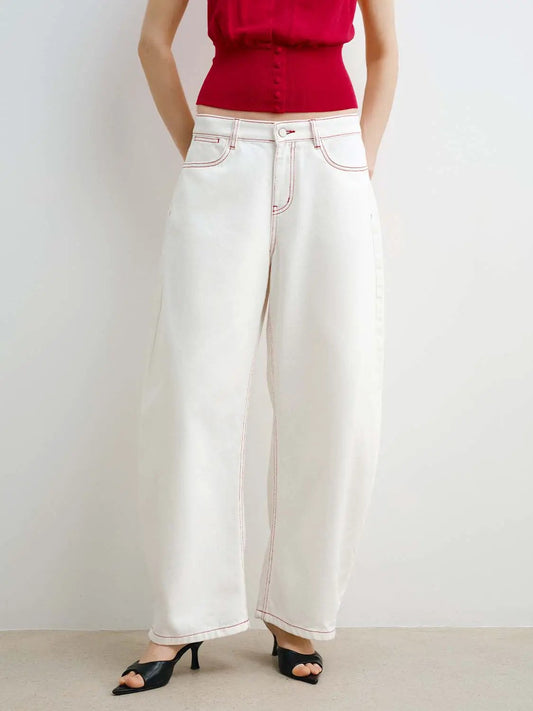 Contrast Stitch Loose Barrel Leg Denim Jeans