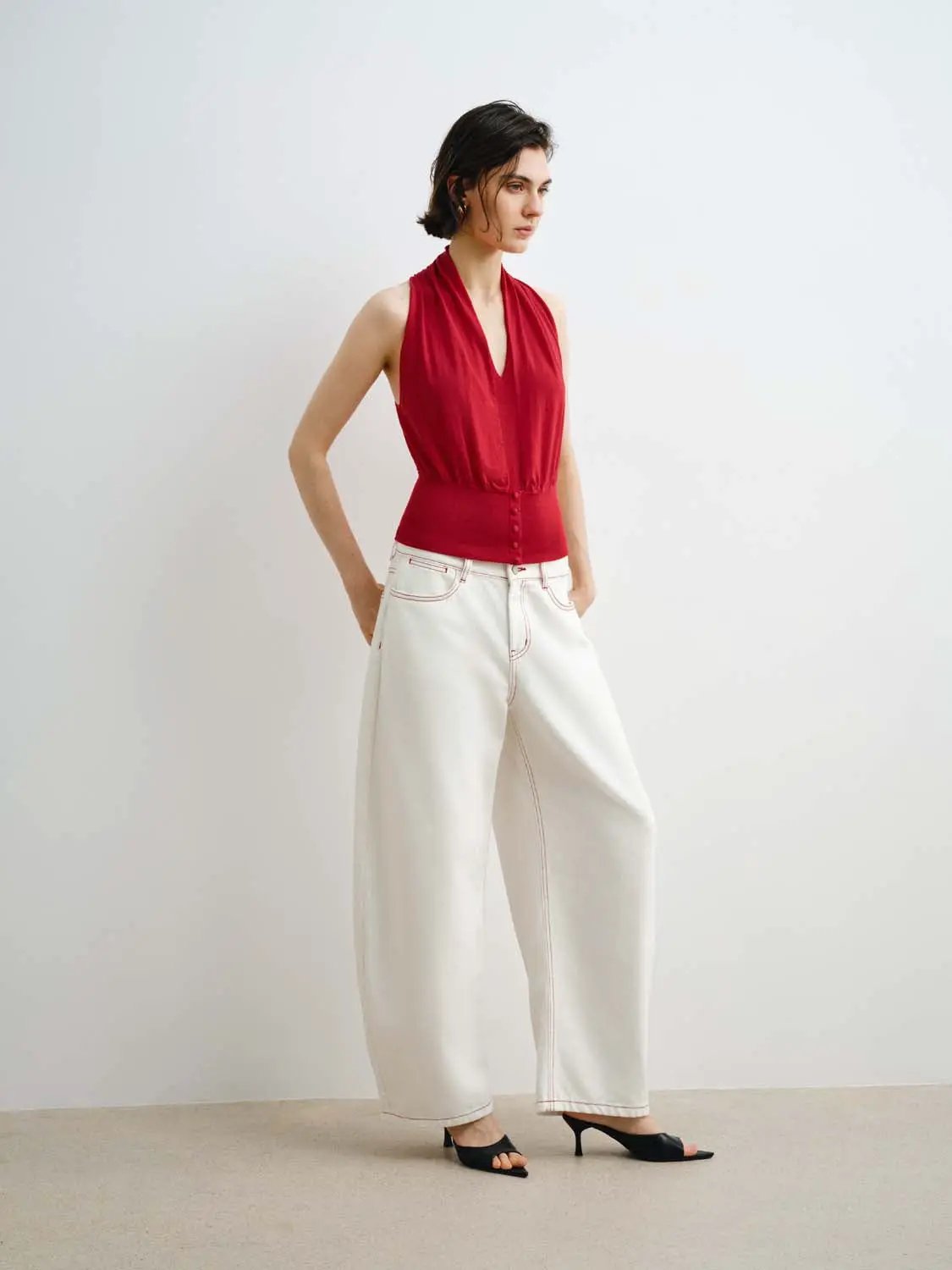 Contrast Stitch Loose Barrel Leg Denim Jeans