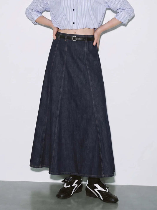 High Waist Side Elastic Waistband Belted Stitched Panel A-Line Denim Midi Skirt