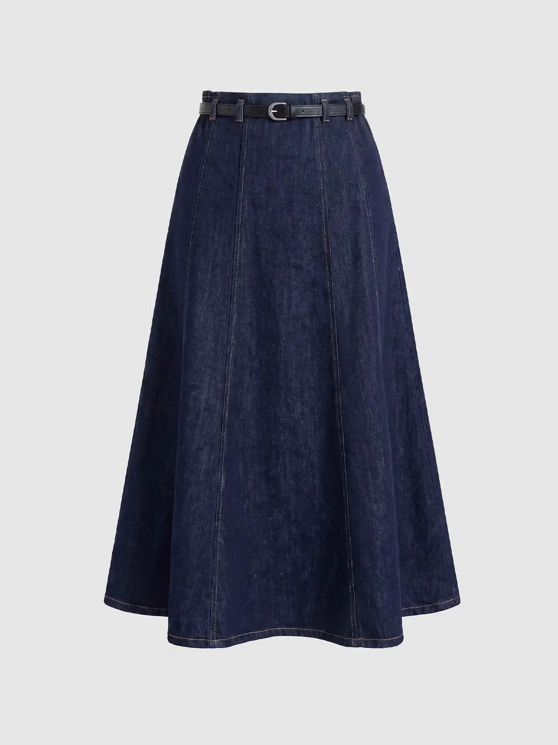 High Waist Side Elastic Waistband Belted Stitched Panel A-Line Denim Midi Skirt