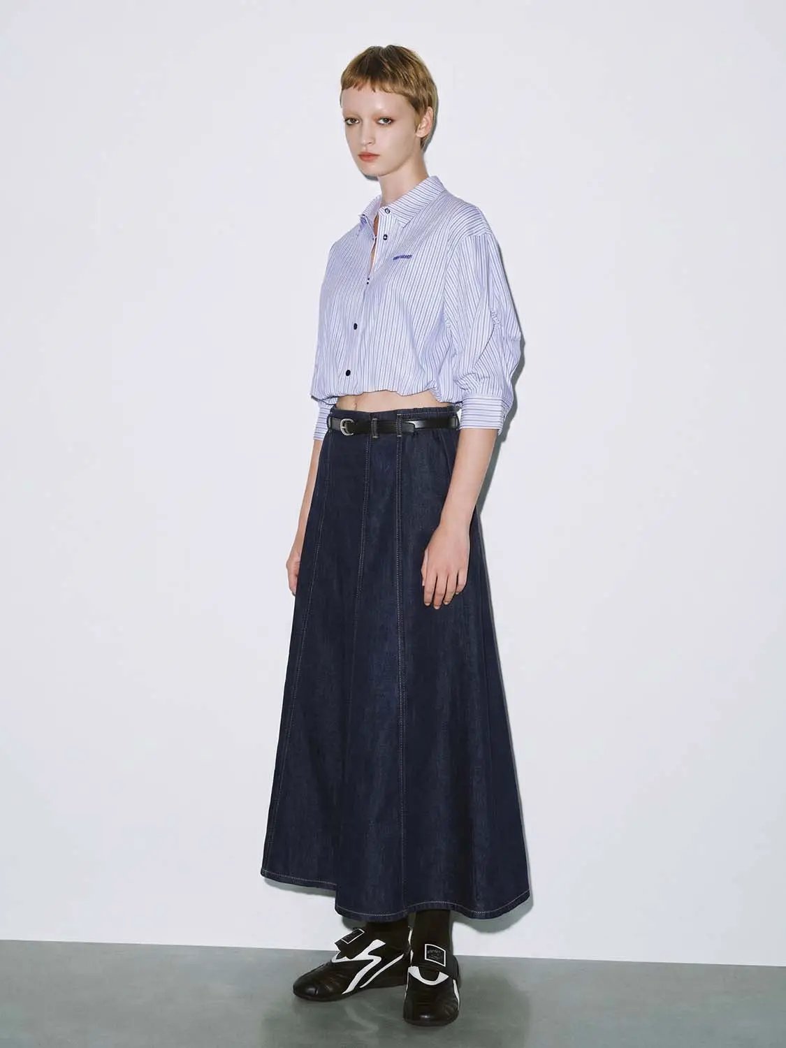 High Waist Side Elastic Waistband Belted Stitched Panel A-Line Denim Midi Skirt