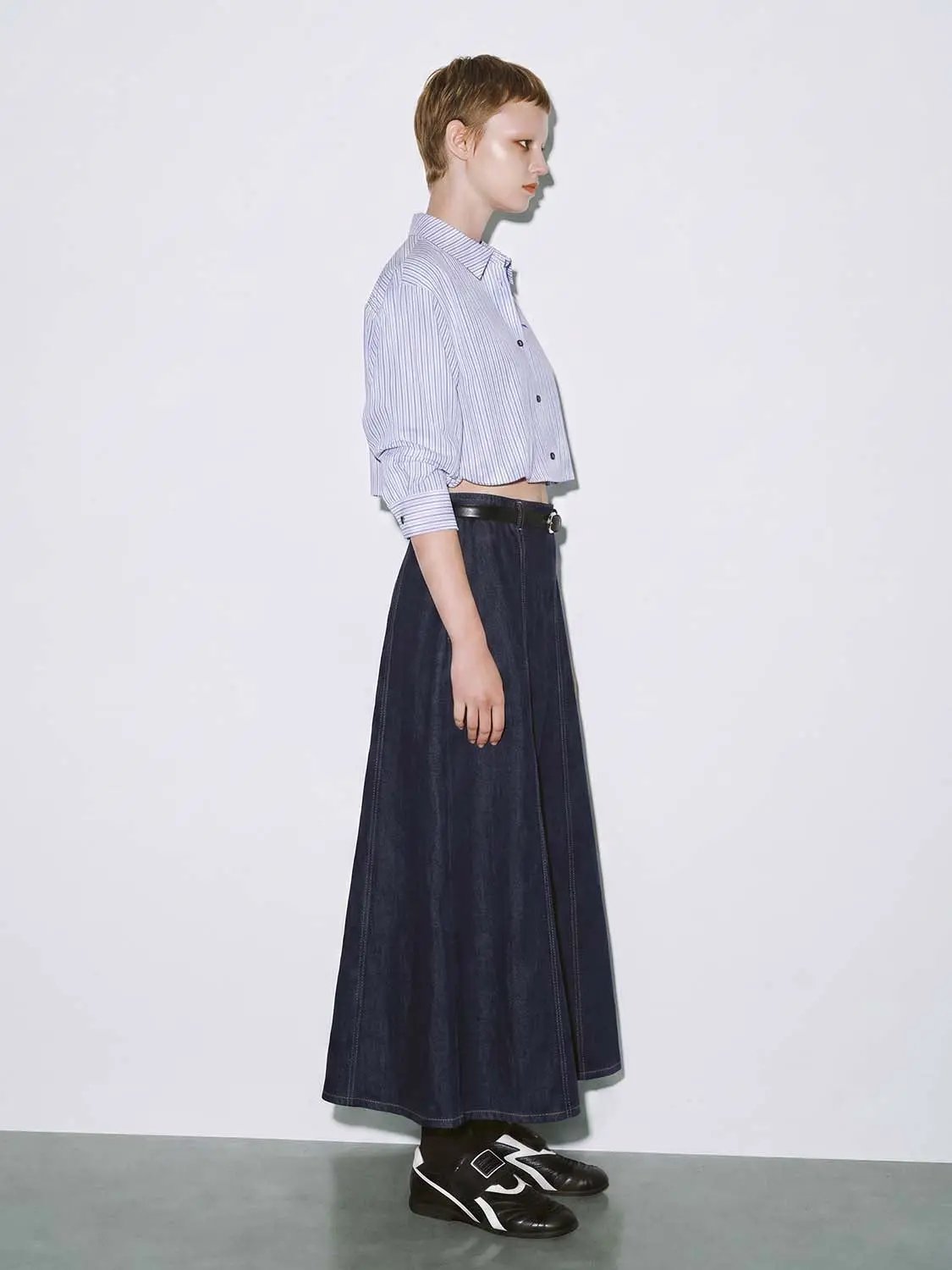 High Waist Side Elastic Waistband Belted Stitched Panel A-Line Denim Midi Skirt