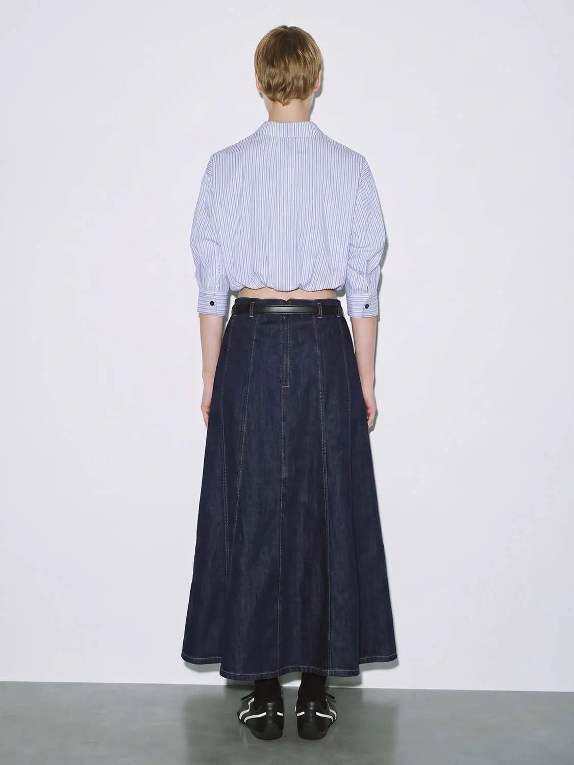 High Waist Side Elastic Waistband Belted Stitched Panel A-Line Denim Midi Skirt