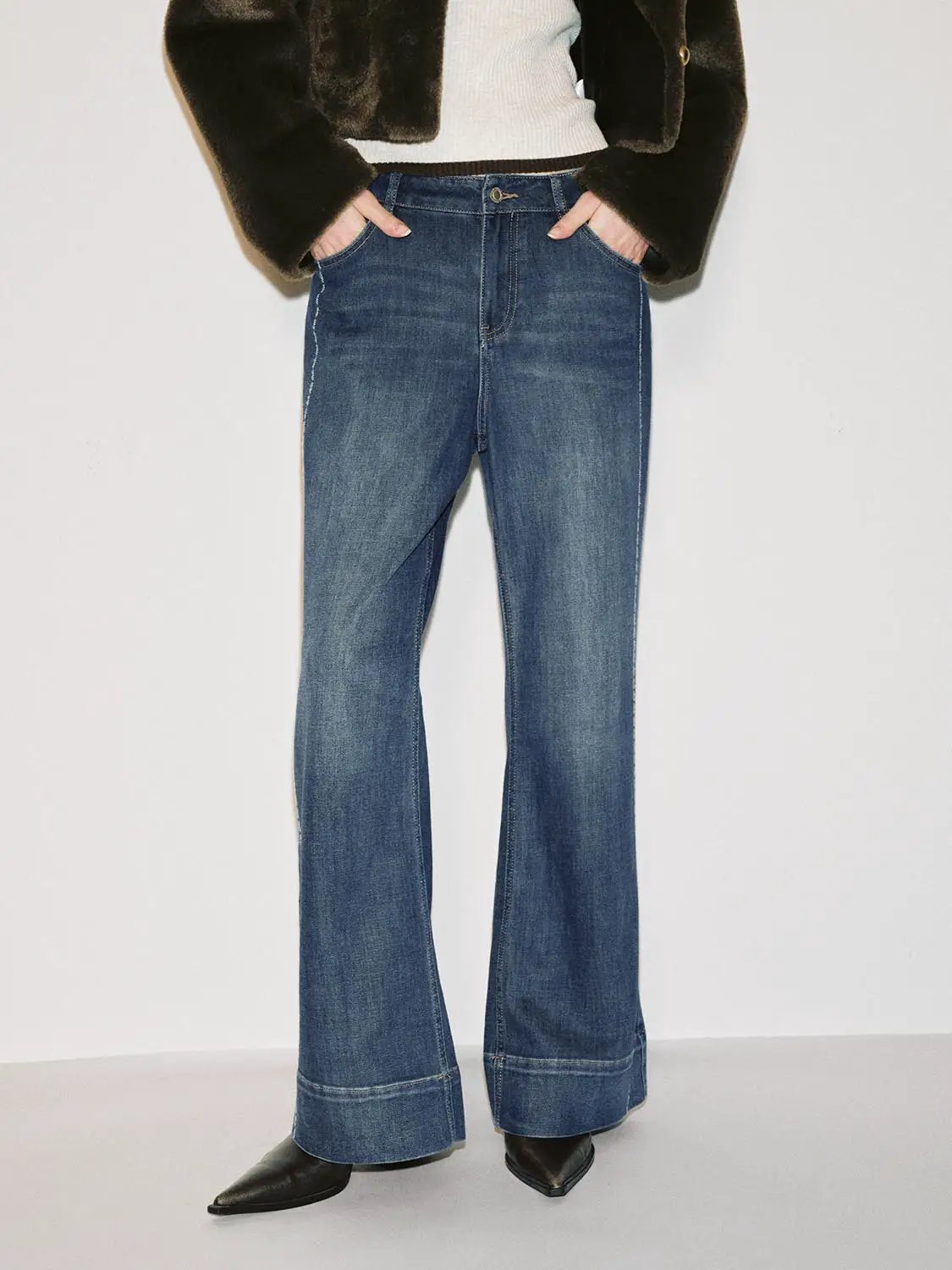 High Waisted Cotton Blend Flared Wide Leg Jeans
