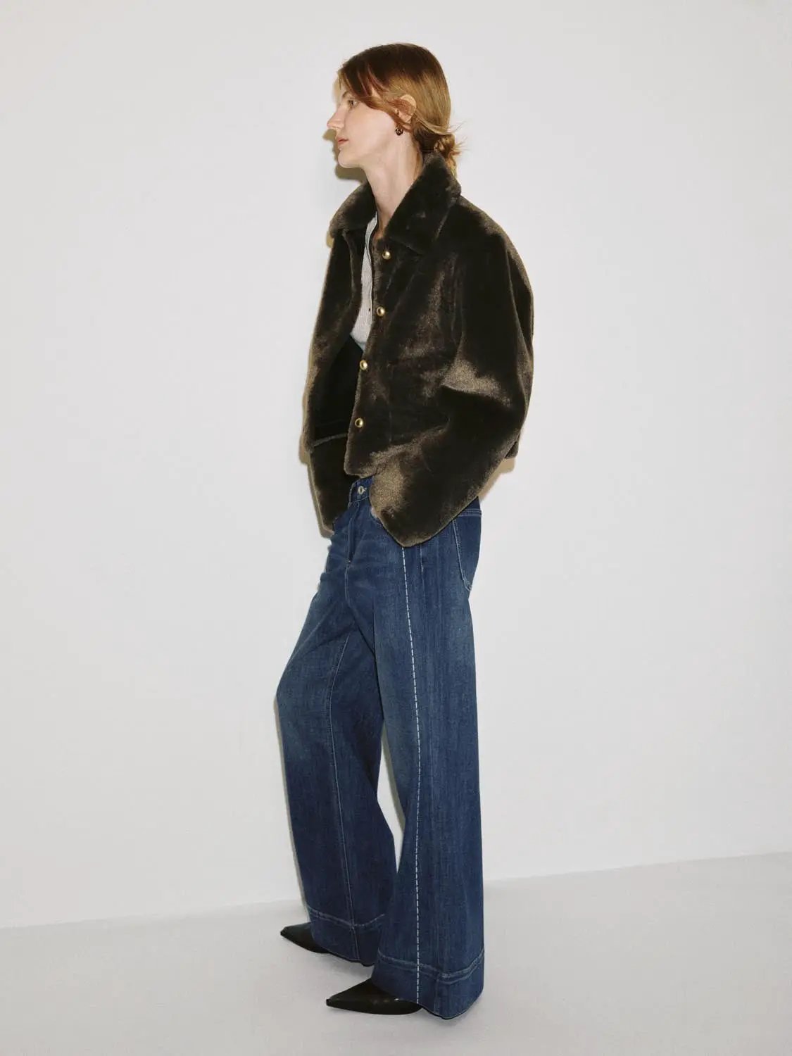High Waisted Cotton Blend Flared Wide Leg Jeans