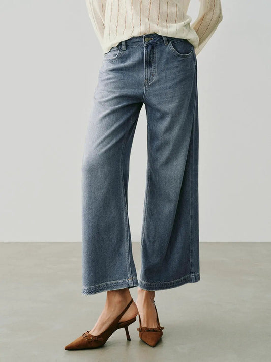 Washed Blue Raw Hem Wide-leg Mid-rise Stretch Jeans