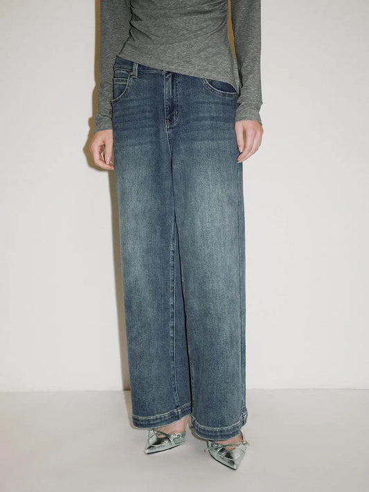 Faded Wide-leg Cuffed Mid-rise Cotton Blend Jeans