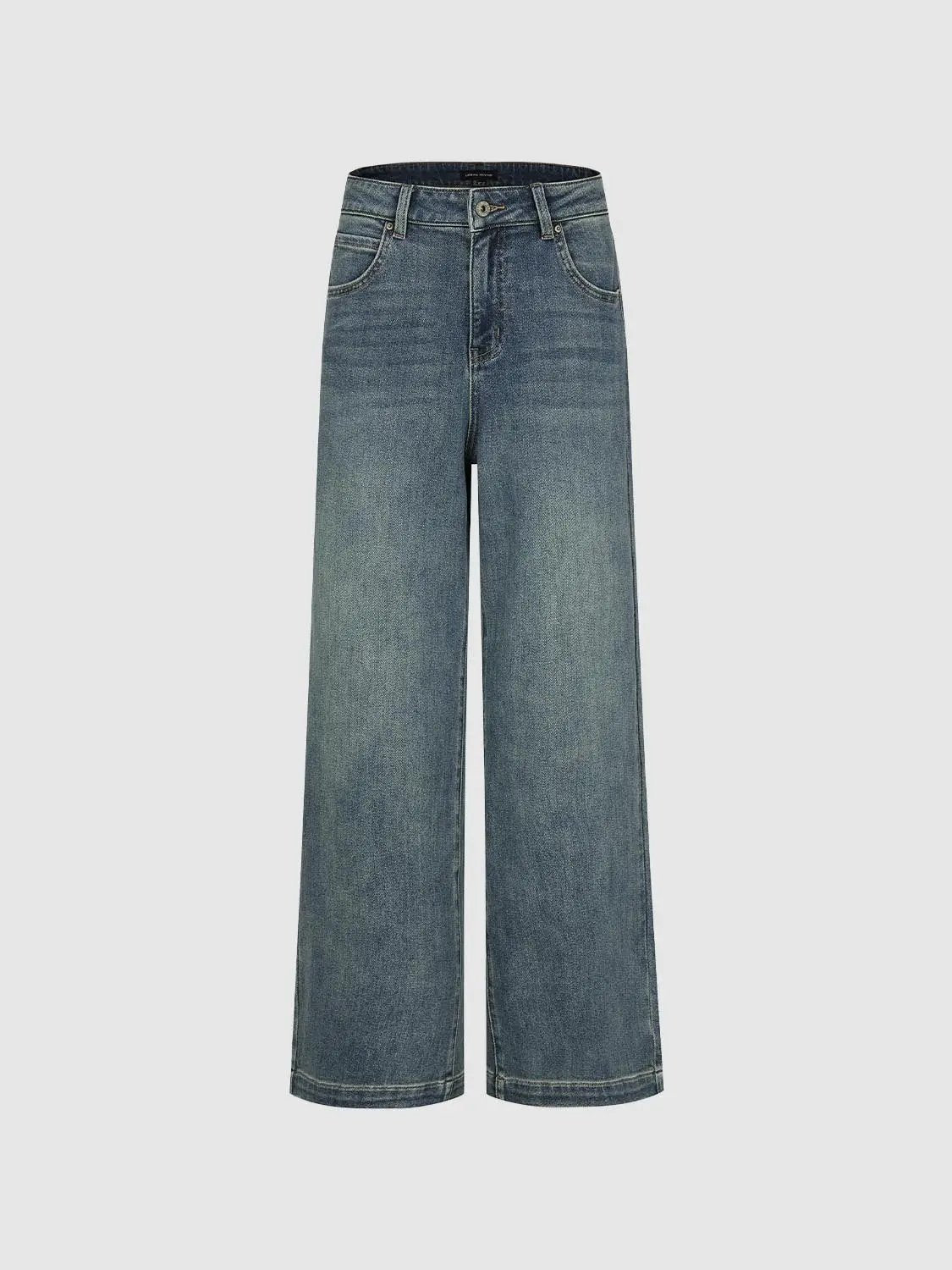 Faded Wide-leg Cuffed Mid-rise Cotton Blend Jeans