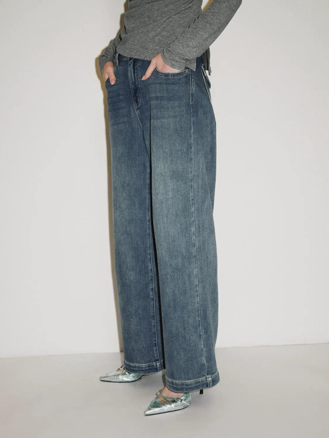 Faded Wide-leg Cuffed Mid-rise Cotton Blend Jeans