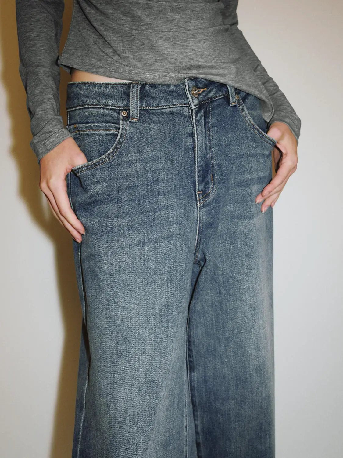 Faded Wide-leg Cuffed Mid-rise Cotton Blend Jeans