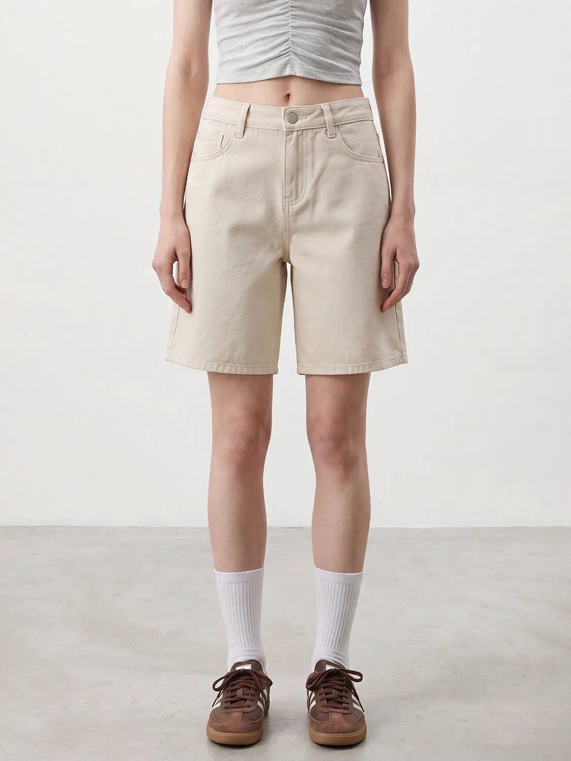 Casual Relaxed Washed Beige Cotton Shorts