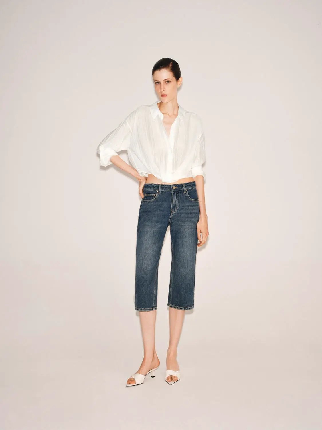 Cropped Denim Cotton Blend Jeans