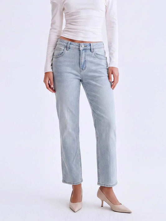 Light Wash Mid-rise Straight-leg Cotton Jeans