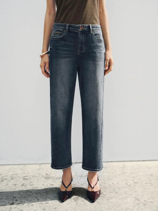 Raw Hem Faded Straight Mid-rise Cotton Blend Jeans