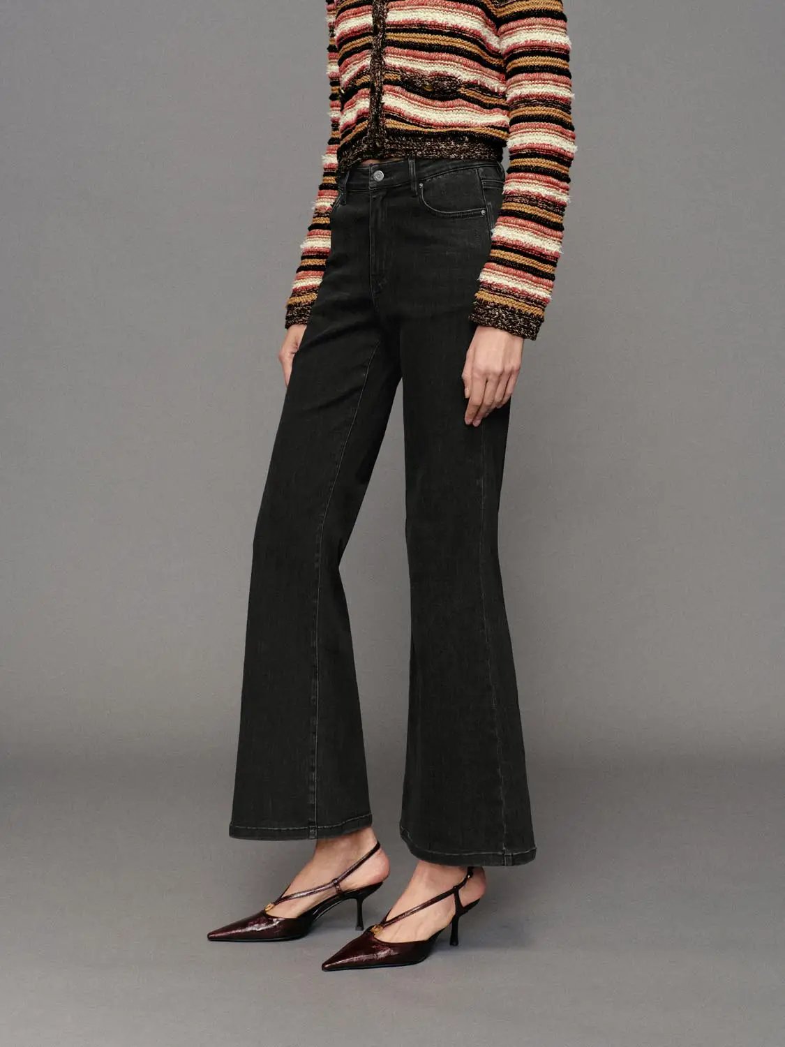 Wash High-waisted Flared Cotton Blend Jeans