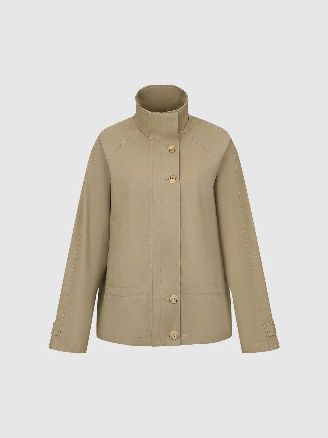 Raglan Button Front Stand Collar Long Sleeve Cotton Jacket